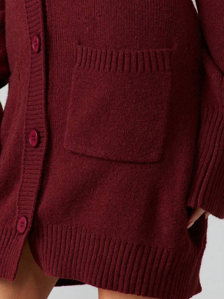MISSGUIDED Burgundy Ribbed Knit Button Front Long Sleeve V Neck Cardigan Mini Sweater Dress Fall Winter