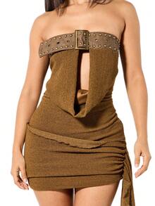SUMWON WOMEN Strapless Bandeau Mini Dress With Studded Belt Detail And Side Drape