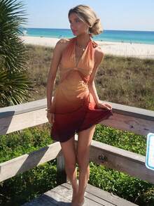 Sydney Algeri Vestido Assimétrico com Costas Abertas, Decote Halter e Laço Ombré - Multicolorido - Visão 4