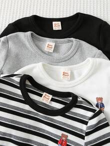 Cozy Pixies 4pcs Baby Boy Cartoon Bear Pattern Knitted Soft Crew Neck Long Sleeve Pullover Outfit Set - Black and White - View 4