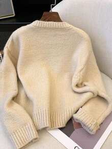 Resyla Women's Heart Pattern Long Sleeve Casual Loose Cropped Crew Neck Sweater