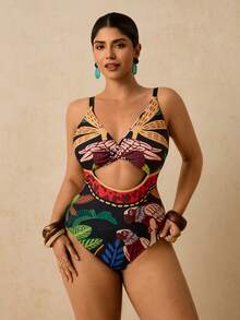 Travachic Traje de baño de una pieza sexy y delgado con estampado de plantas tropicales, con detalle de giro en la parte delantera y hueco, para mujeres de talla grande, para playa y vacaciones casuales - Multicolor - Ver 5