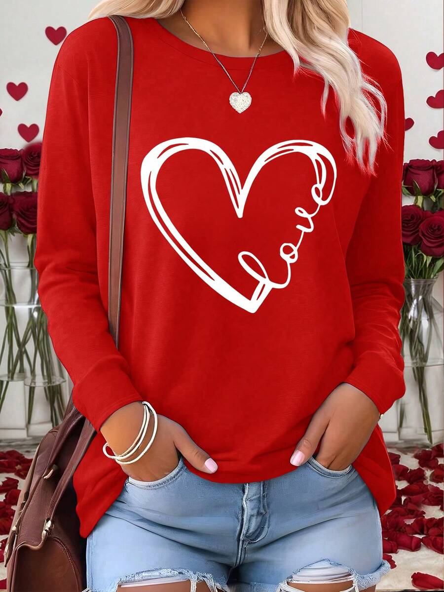 EMERY ROSE Women's Heart Print Crew Neck Long Sleeve T-Shirt, Valentine's Day - Red - View 1