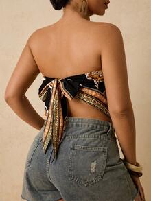 Travachic 大码女式简约热带印花吊带背心，休闲海滩度假风 - 黑色和金色 - 查看 2