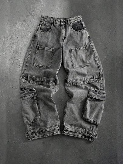 Street Life Herren Cargo Taschen Weite Bein Loose Fit Jeans
