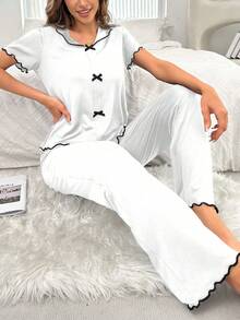 女士撞色蝴蝶结装饰睡衣套装休闲套装蝴蝶结