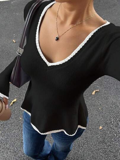 Sunnyshic Sexy Fitted Fashionable Women Contrast Trim V-Neck Casual Long Sleeve Pullover Sweater Top
