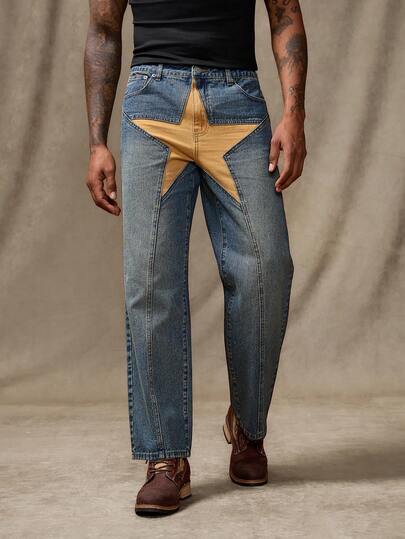 RivetRise Autumn/Winter Casual Mature Washed Blue Straight Leg Contrast Color Five-Pointed Star Patchwork Jeans