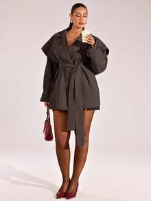 SHEIN BAE 大码女式休闲翻领系带风衣 - 咖啡棕 - 查看 8