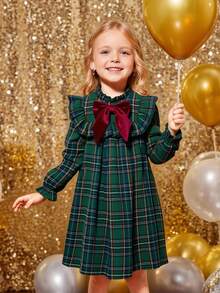 SHEIN Emery Rose Kids 女童优雅格子拼接蝴蝶结装饰荷叶边下摆宽松长袖连衣裙，适合圣诞节、秋冬季、派对、上学、日常休闲穿着