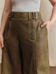 Anewsta 大码女式时尚PU阔腿裤，秋冬款 - 軍綠色 - 查看 1