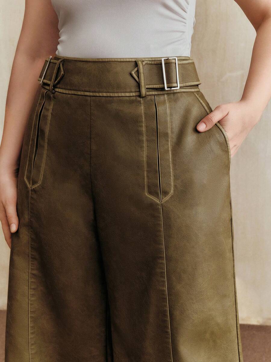 Anewsta 大码女式时尚PU阔腿裤，秋冬款 - 軍綠色 - 查看 1
