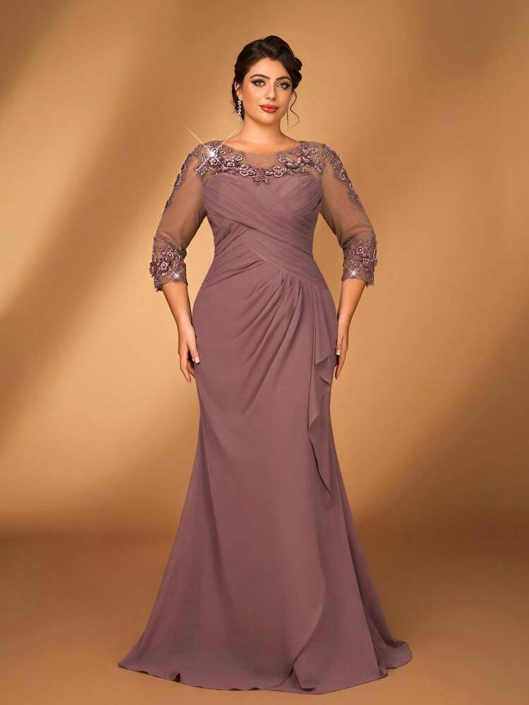 Serin Plusstorlek damklänning i grårosa chiffongtyg med rund hals, transparent långärmad, rynkad paljett-applikationer och sjöjungfrufåll, lämplig för brudens/brudgummens mor, bröllop, formella evenemang, fester - Dammrosa - Visa 7