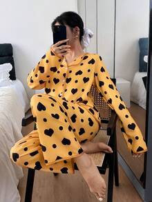 SHEIN 女士泡泡雪纺睡衣套装，撞色爱心印花翻领上衣和长裤两件套睡衣，秋冬服装 - 彩色 - 查看 7