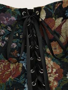 Sweetra 休闲优雅复古甜美宫廷风提花不规则下摆泡泡袖心形领A字中长连衣裙，大码女装 - 黑色 - 查看 7