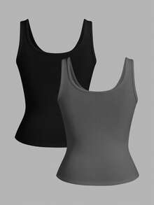 Slaydiva paquete de 3 tops de tirantes básicos casuales de cuello en V profundo acanalado, sin mangas, en color negro y blanco para mujeres - Multicolor - Ver 2