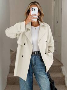 SHEIN LUNE Áo khoác trench coat cổ ve trơn màu tay dài, cài hai hàng khuy đơn giản dành cho nữ - Màu be - Xem 1