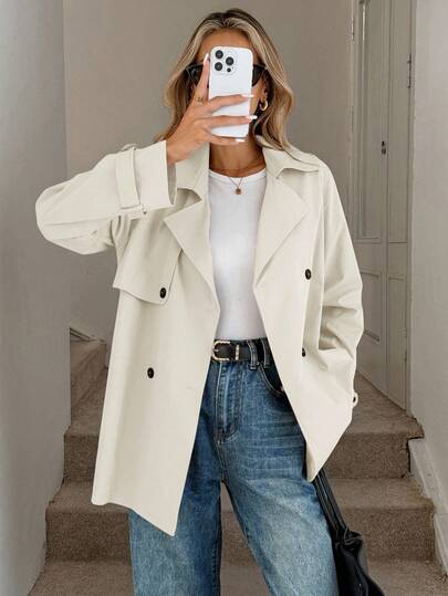 SHEIN LUNE Women's Solid Color Lapel NeckLong Sleeve Double-Breasted Casual Trench Coat,Fall,Fall Clothes For Women,Women's Winter Clothes