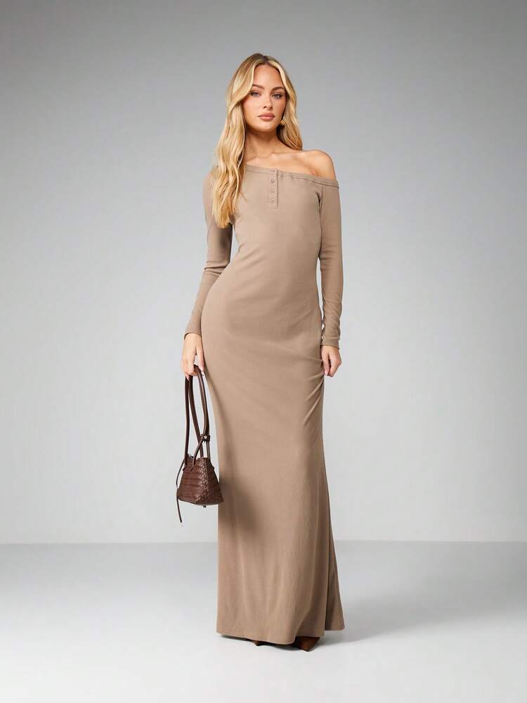 MISSGUIDED Off Shoulder Ribbed Knit Maxi Dress Long Sleeve Bodycon Fall Winter Evening Formal Occasion