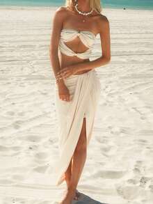 Sydney Algeri Damen elegantes 2-teiliges Set aus Tube-Top mit Metall-Dekor und Rock mit hohem Beinschlitz, einfache modische Alltagskleidung - Aprikosenfarben - Übersicht 4