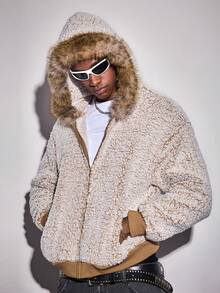 ROMWE MEN Street Life Men's Zip-Up Hooded Pullover Fur Collar Sweatshirt, Bubble Fleece, Autumn/Winter, Long Sleeve Top - Khaki - View 1