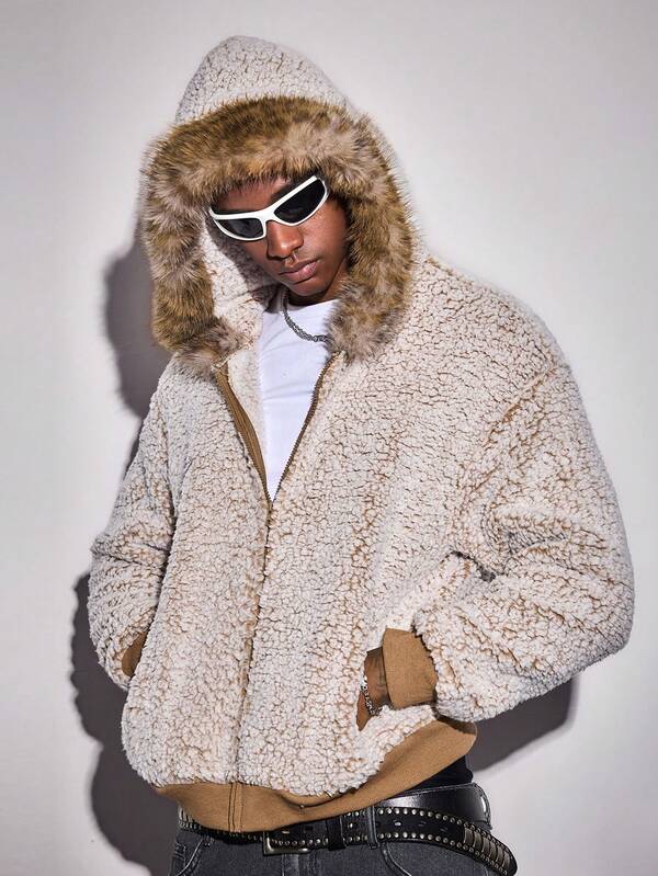 ROMWE MEN Street Life Men's Zip-Up Hooded Pullover Fur Collar Sweatshirt, Bubble Fleece, Autumn/Winter, Long Sleeve Top