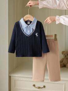 Souflis Souflis Set de 2 piezas de top de manga larga con cuello y pantalones casuales estilo francés retro para niños pequeños, adecuado para la escuela, salidas, fiestas y talla grande ocasiones - Multicolor - Ver 3