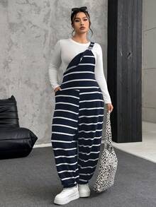 SHEIN EZwear 加大码黑白罗纹弹力抓绒背带裤 - 藏蓝色 - 查看 6