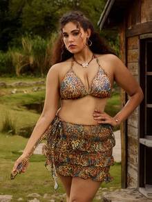 SHEIN Swim Curve Große Größen 3 Stücke Badeanzug Set, Spezialstoff Dreieck Top, mehrlagiger Rüschen Rock, sexy & süßer Damen Badeanzug - Verschiedenfarbig - Übersicht 4
