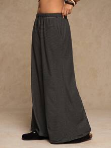Freevana Plus Size Casual Soft Fleece Striped Wide Leg Pants, Versatile For Daily Wear - Black - View 1