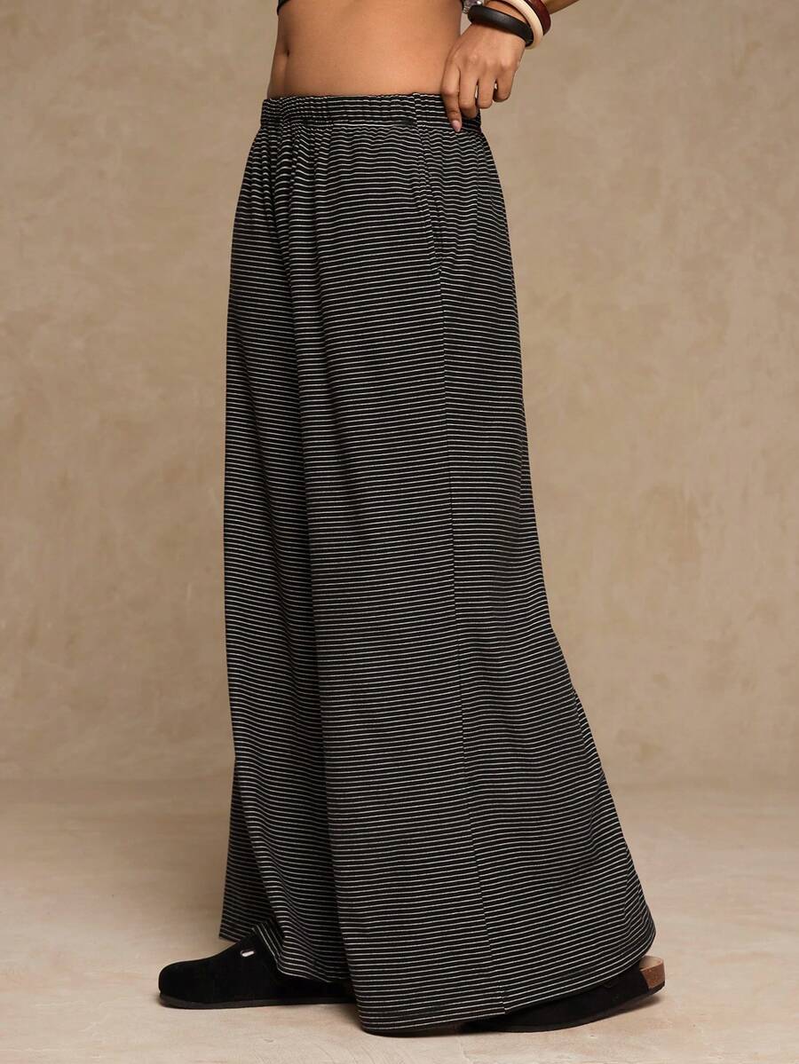 Freevana Plus Size Casual Soft Fleece Striped Wide Leg Pants, Versatile For Daily Wear - Black - View 1