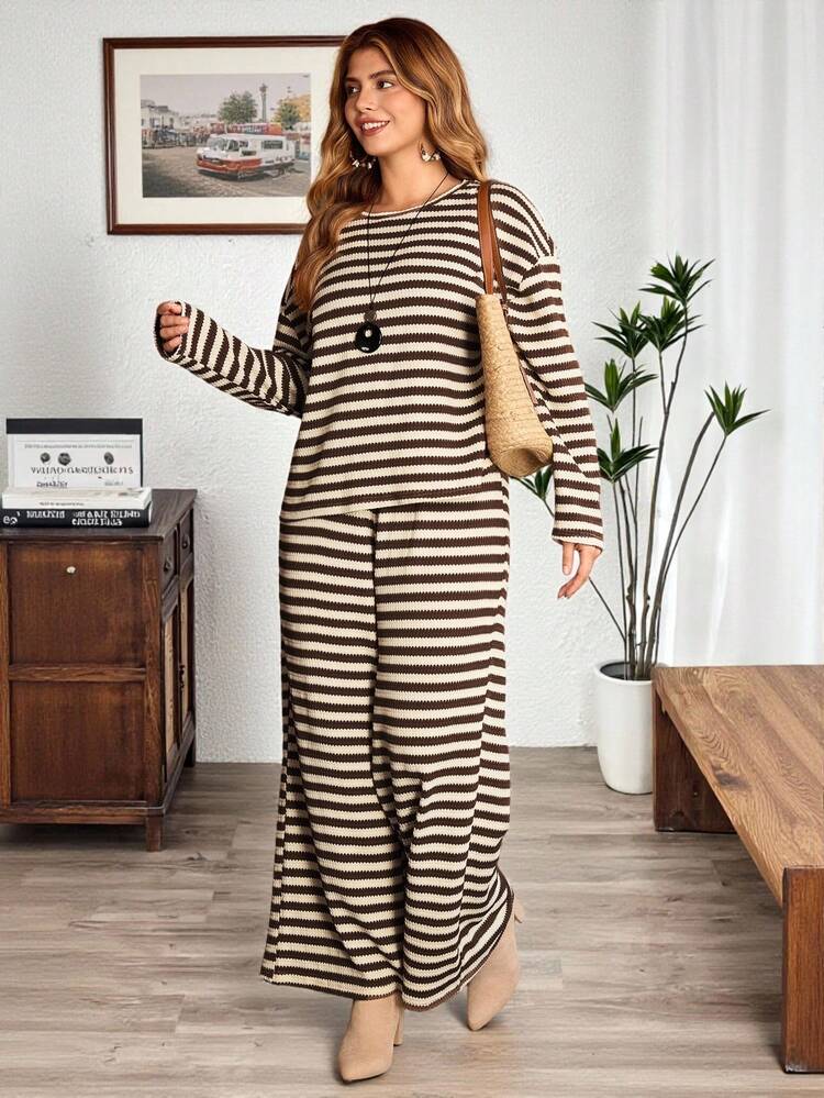 Plus Size Crew Neck Drop Shoulder Long Sleeve Casual Striped Loose 2-Piece Set Winter Clothes For Women Cozy Fall And Winter Clothes For Women Country Style For Women Country Concert Outfit Two Piece Set Women Comfy Casual Two Piece Set Winter Clothes For Women Country Style For Women Country Concert Outfit