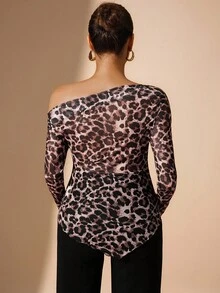 MaterniChic Maternity Leopard Print Oblique Shoulder Long Sleeve T-Shirt Sexy Maternity Dress Cheetah Print Top Maternity Tops One Shoulder Top Plus Leopard Top - Grey - View 2