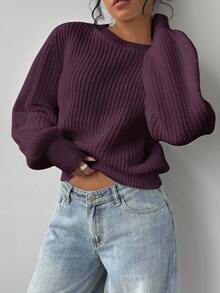 SHEIN BASICS Maglione casual da donna a girocollo, tinta unita, manica lunga, autunno/inverno - Viola - Visualizzare 4