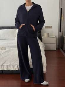 DAZY Women's Solid Color Drop Shoulder Long Sleeve Zip Front Cardigan And Knit Pants Casual 2-Piece Set, Autumn/Winter Hoodie - Blue - View 5