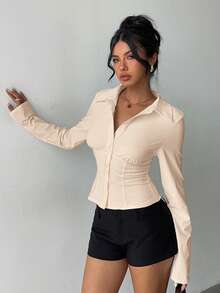 Aloruh Damen elegante, vielseitige einfarbige weiße Bluse mit kurzen Ärmeln, geraffter Taille und langen Ärmeln, geeignet für den Arbeitsweg, den Alltag, Frühling/Sommer