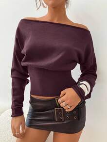 Aloruh Women's Chic Dark Purple Asymmetrical Exposed Shoulder Long Sleeve Tight Ribbed Sweater,Autumn Winter Clothes,Night Out Fall Clothes For Women - Purple - View 6