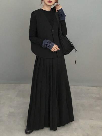 FRIFUL 女式深灰色纯色无袖上衣和百褶裙两件套，秋季