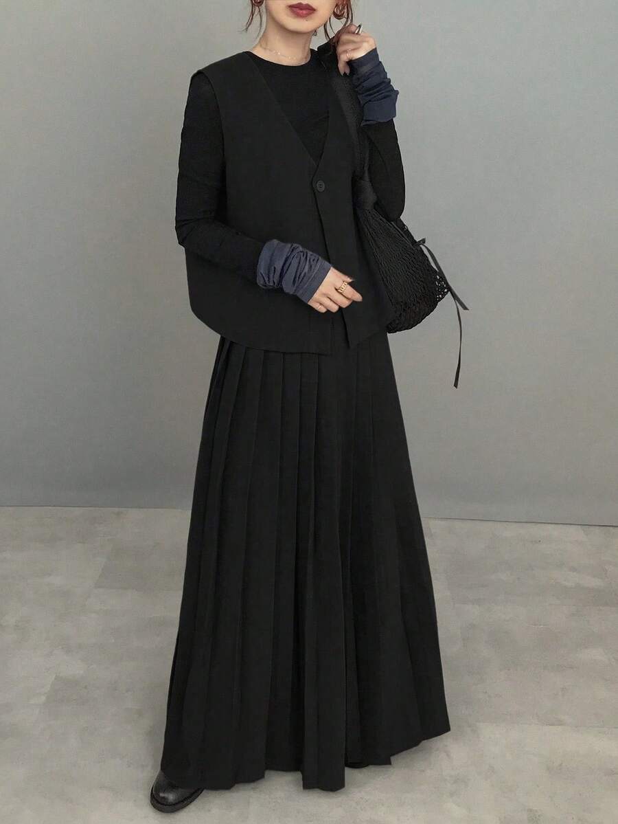FRIFUL 女式深灰色纯色无袖上衣和百褶裙两件套，秋季 - 黑色 - 查看 1