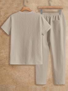 HIMLAND 2件套男士字母图案圆领短袖针织休闲T恤和抽绳腰裤 - 卡其色 - 查看 2