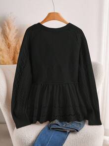 CosyJoli Áo len cardigan dệt kim đan chéo ren hở phía trước cỡ lớn thường ngày - màu đen - Xem 2