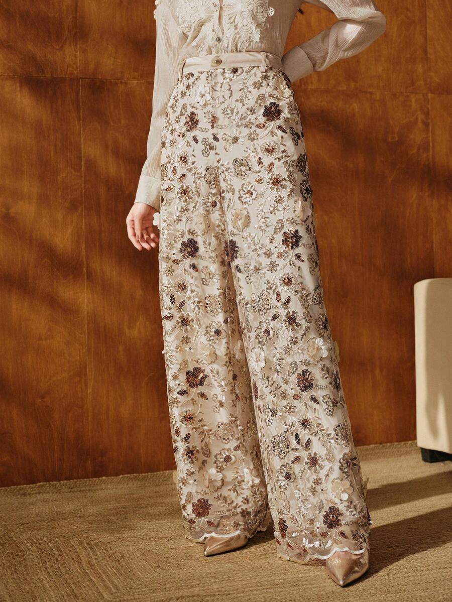 Anewsta Elegant Champagne Color Floral Mesh Straight Leg Pants, Glamorous Resort Wear For Women, Spring/Summer Outfits - Champagne - View 1