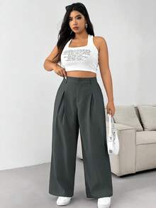 SHEIN PETITE CURVE Quần ống rộng cài nút màu trơn cỡ lớn cho mùa thu/đông - Màu xám đen - Xem 5