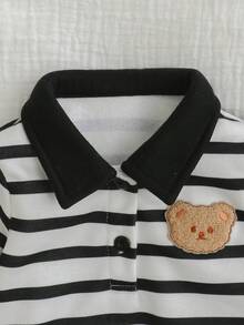 Cozy Pixies 新生女婴条纹图案装饰翻领长袖半开襟套头衫