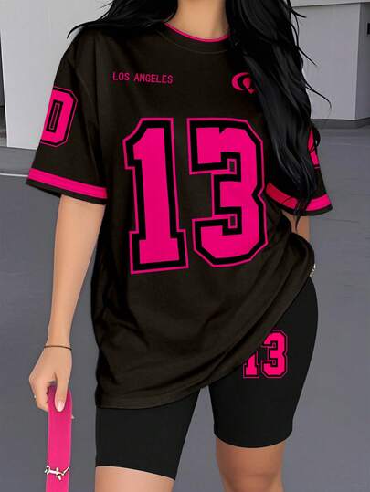 SHEIN Conjunto de camiseta y pantalones cortos de ciclista con estampado gráfico de número 13 y eslogan, de moda casual para mujer