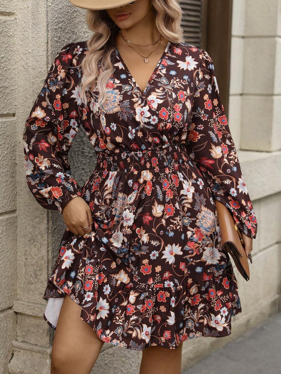 EMERY ROSE New Floral Print Plus Size Women Dress, Western Style, Suitable For Vacation, Casual, Work, And Daily Dates - Multicolor - View 1