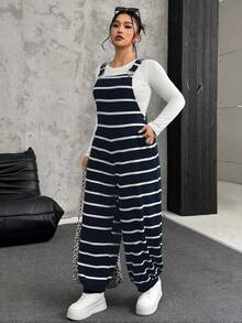 SHEIN EZwear 加大码黑白罗纹弹力抓绒背带裤 - 藏蓝色 - 查看 5