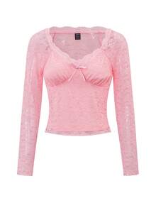 Zavorell ChicEase 女士法式浪漫蕾丝蝴蝶结性感上衣 - 粉色 - 查看 6