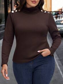 SHEIN LUNE 大码纯色保暖内衬休闲高领T恤，秋冬季 - 摩卡棕 - 查看 5