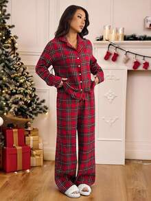 SHEIN PETITE Dames Nachtmode Pyjama Set Check Red Top And Pants Twill, Christmas - Burgundy - View 12